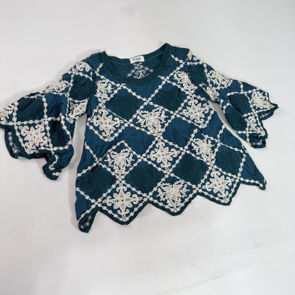Kindred Shirt Womens Medium Teal Crochet Lace Embroidered Bell Sleeve Boho Tunic
